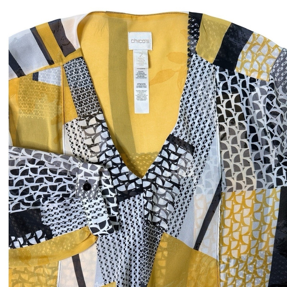Chicos Size 2 Large Sheer Patchwork Blouse Mustard Yellow Tie Front Chiffon Top